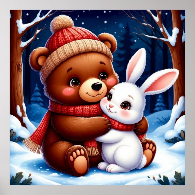 Affiche Ours mignon tenant un lapin (Devant)