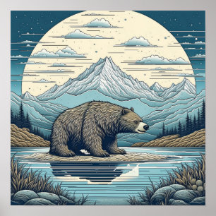 Affiche Ours, Montagnes, Lac, Pleine lune Ai Art