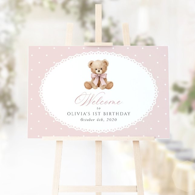 Affiche Ours, Nœud, Points roses, Bienvenue pour le premie (Créateur téléchargé)