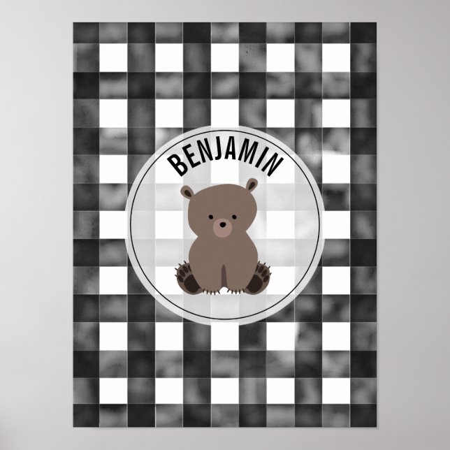Affiche Ours Noir + Blanc En vichy Baby Nursery (Devant)