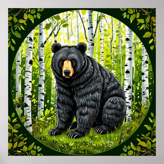Affiche Ours noir dans une forêt de bouleaux (Devant)
