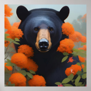 Affiche Ours noir en fleurs orange