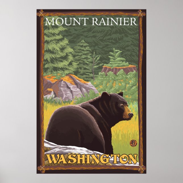 Affiche Ours noir en forêt - Mount Rainier, Washington (Devant)