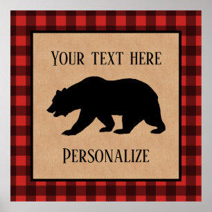 Affiche Ours Noir Sur Un Personnalisé à Carreaux Rouges Et