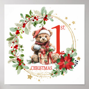 Affiche Ours Poinsettia Foliage Baby's First Christmas
