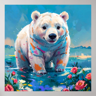 Affiche Ours polaire blanc mignon avec peinture de roses