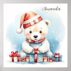 Affiche Ours polaire de Noël à l'aquarelle mignon