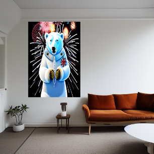 Affiche Ours polaire en uniforme et feux d'artifice   Art 