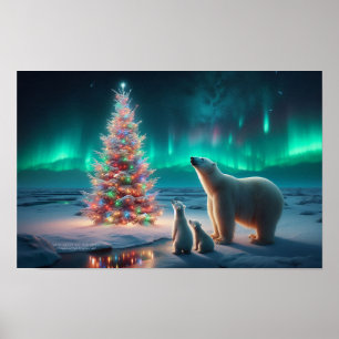 Affiche Ours Polaire Maman Cubs Arbre de Noël Aurora Borea