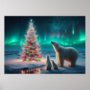 Affiche Ours Polaire Maman Cubs Arbre de Noël Aurora Borea