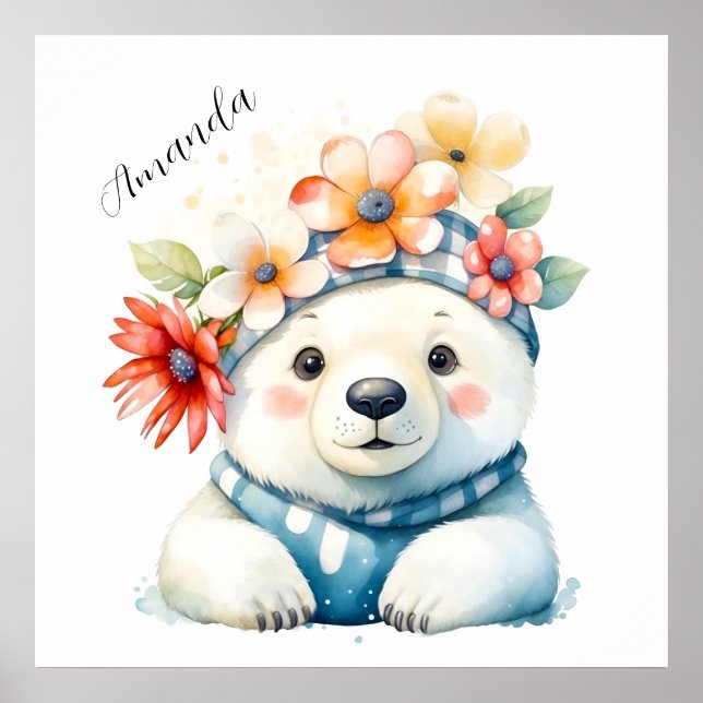 Affiche Ours polaire mignon à l'aquarelle avec des fleurs (Devant)