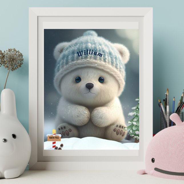 Affiche Ours polaire mignon en bleu Casquette Art personna (Créateur téléchargé)