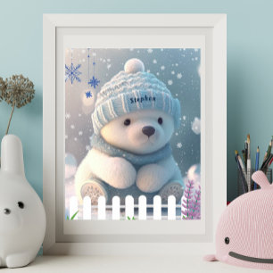 Affiche Ours polaire mignon en Casquette bleu neige Écarf