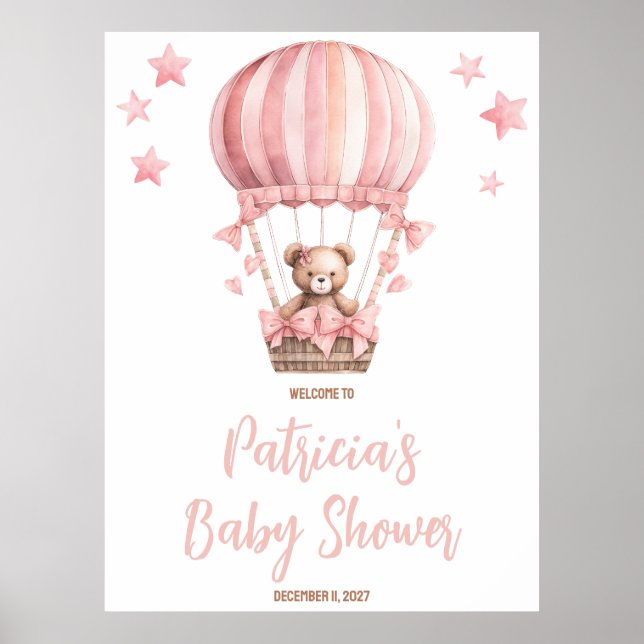 Affiche Ours rose dans le Baby shower à ballon à air chaud (Devant)