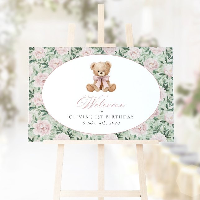 Affiche Ours, Ruban, Fleurs Roses, Bienvenue pour le Premi (Créateur téléchargé)