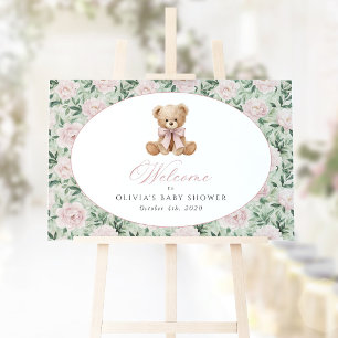 Affiche Ours, Ruban Rose, Fleurs Roses, Bienvenue à une Ba