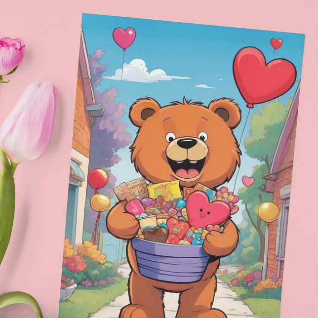Affiche Ours souriant en peluche avec panier cadeau Valent (Créateur téléchargé)