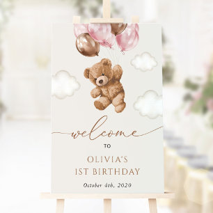 Affiche Ours Teddy, Ballons Roses, Accueil Premier Anniver