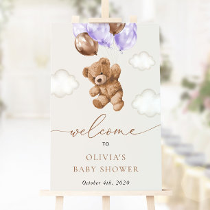 Affiche Ours Teddy, Ballons Violets, Baby shower D'Accueil
