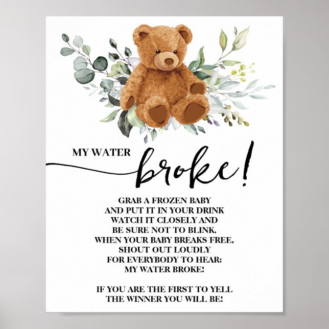 Affiche Ours vert Mon eau Broke Baby shower Signal (Devant)