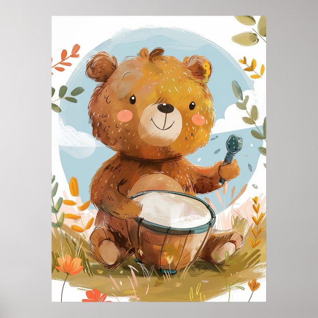 Affiche Ours Whimsical Jouer Drum Nursery Wall Art (Devant)