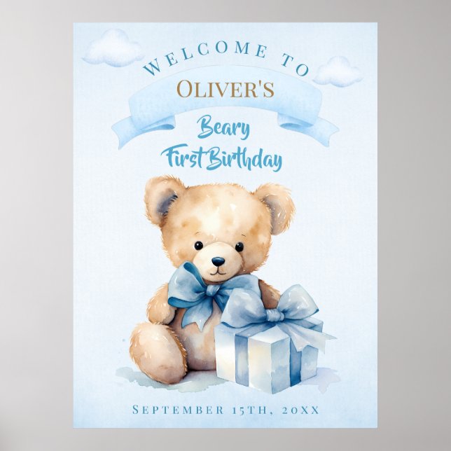 Affiche Ourson à l'aquarelle charmant Ourson premier anniv (Devant)