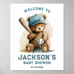 Affiche Ourson joueur de baseball garçon Bienvenue Baby Sh