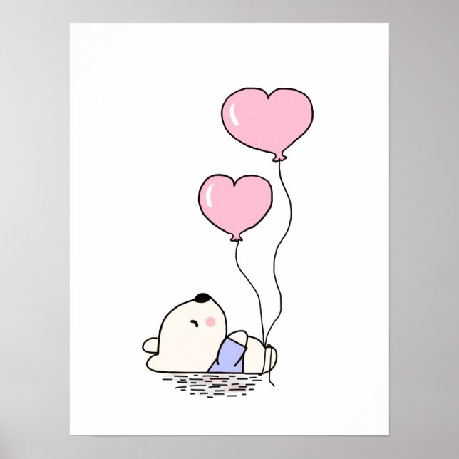 Affiche Ourson Mignon avec Ballons Roses Chambre de Filles (Devant)