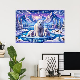 Affiche Oursons polaires sur la glace dans un paysage enne