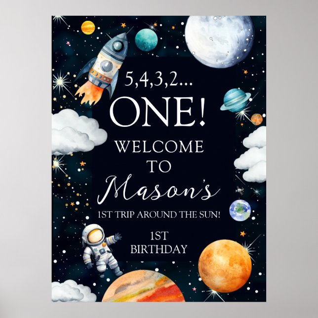 Affiche Outer Space Rocket Astronaut 1st Birthday Welcome (Devant)