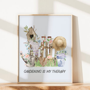 Affiche Outils de jardinage floraux à l'aquarelle et citat