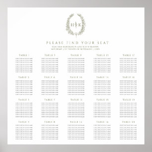 Affiche Ovale vert olive blanc 20 tables mariages plan