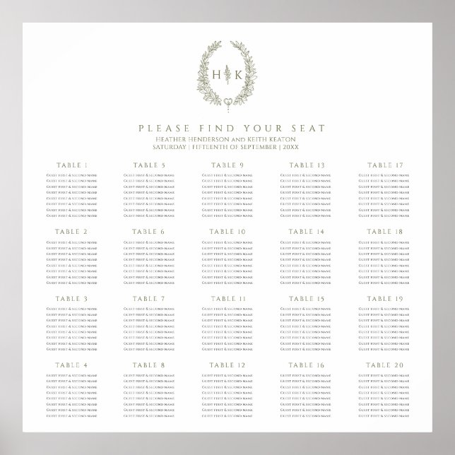 Affiche Ovale vert olive blanc 20 tables mariages plan (Devant)