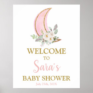 Affiche Over the Moon Baby Shower Girl Welcome sign