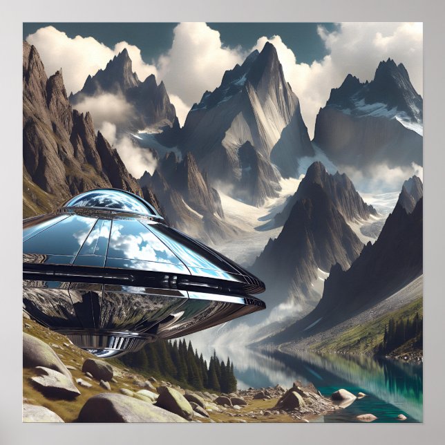 Affiche OVNI métallique brillant dans les montagnes (Devant)