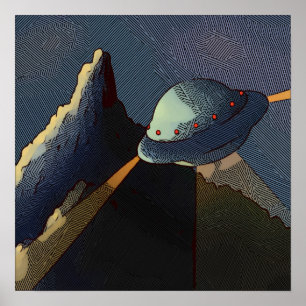 Affiche ovni volant montagnes paysage fantaisiste extrater