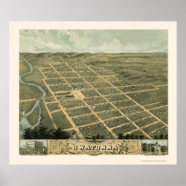 Affiche Owatonna, MN Carte panoramique - 1870 (Devant)