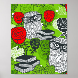 Affiche Owl in red roses