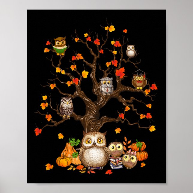Affiche Owls Leaves Tree Fall Autumn Pumkin Halloween Owl (Devant)