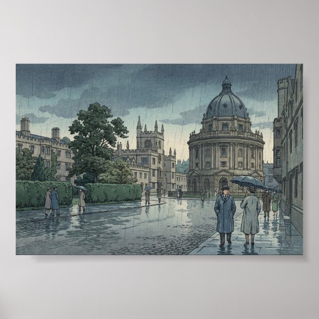 Affiche Oxford University in Rain Japanese Woodblock Print (Devant)