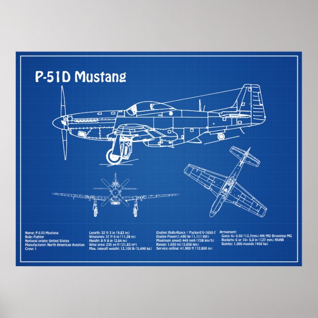 Affiche P-51D Mustang - Plan directeur de l'avion AD (Devant)