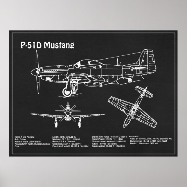 Affiche P-51D Mustang - Plan directeur de l'avion PD (Devant)