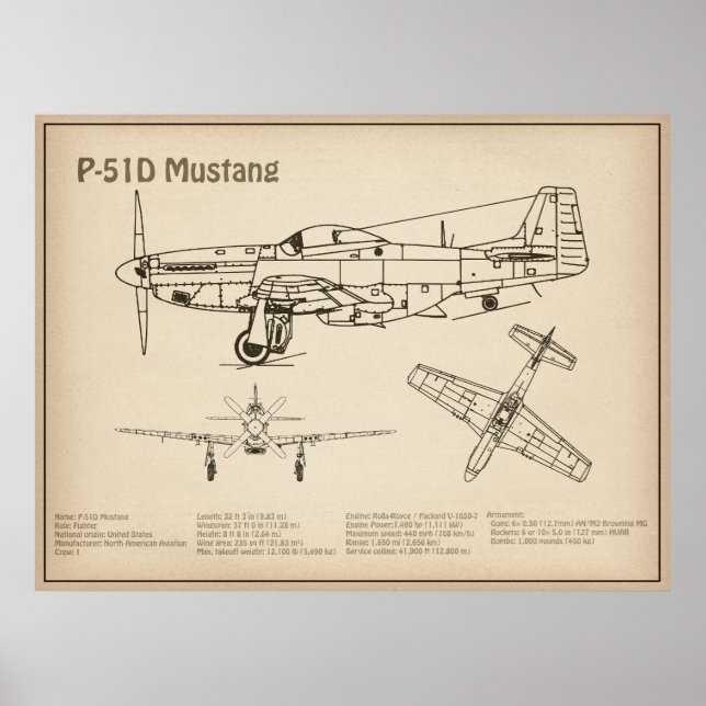 Affiche P-51D Mustang - Plan directeur de l'avion SD (Devant)