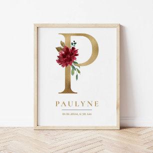 Affiche P Lettre Monogramme Nom Marsala Floral Nursery
