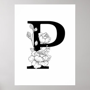 Affiche P monogramme botanique. Lettre initiale avec pivoi