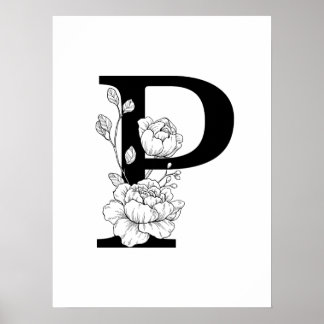 Affiche P monogramme botanique. Lettre initiale avec pivoi