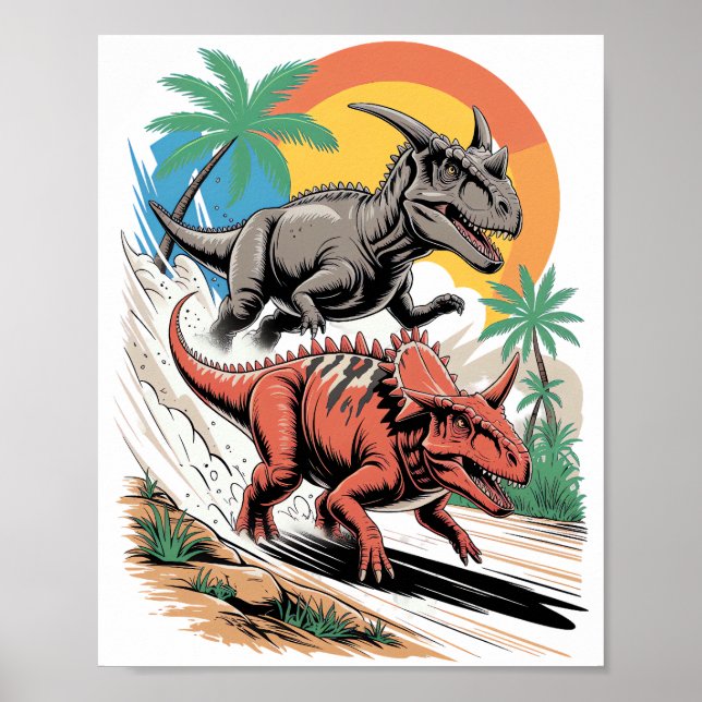 Affiche Pachyrhinosaure passant par Carnotaurus (Devant)