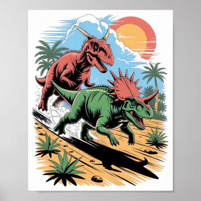 Affiche Pachyrhinosaurus courir après un Carnotaurus (Devant)