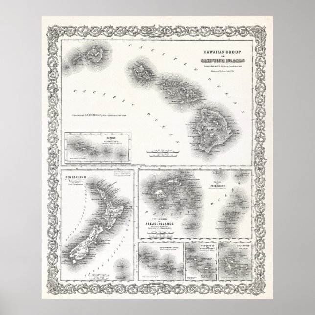 AFFICHE PACIFIQUE DU SUD ET ÎLES HAWAII CARTE 1855 (Devant)