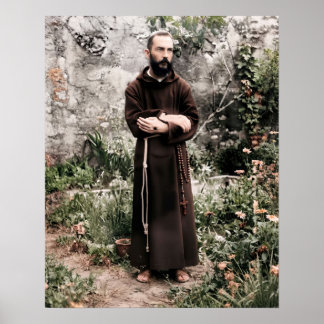 Affiche Padre Pio dans le jardin, Art catholique du Saint